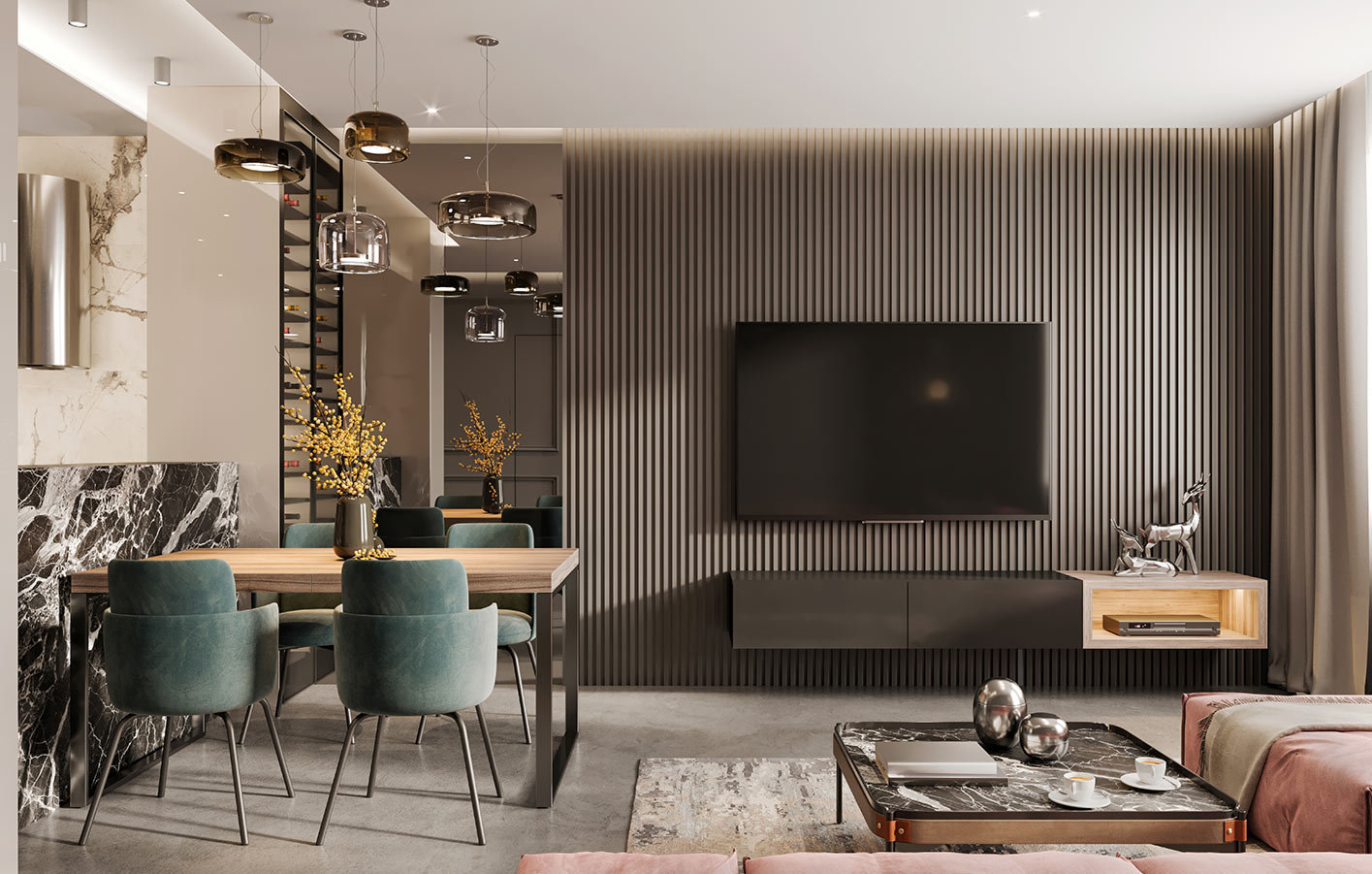 moderne Wand und Deckengestaltung mit Akustikpaneelen dunkles modernes Wohnzimmer mit Akustikpaneelen